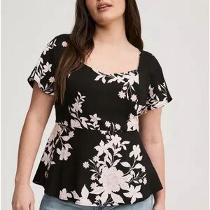 torrid Black Floral Peplum Top with Light Pink Blooms Size 1